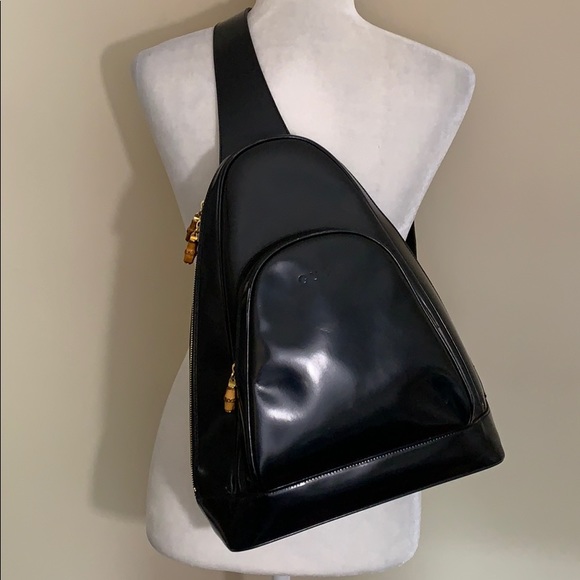 Gucci Handbags - Vintage Gucci Black Glossy Leather Backpack Bamboo